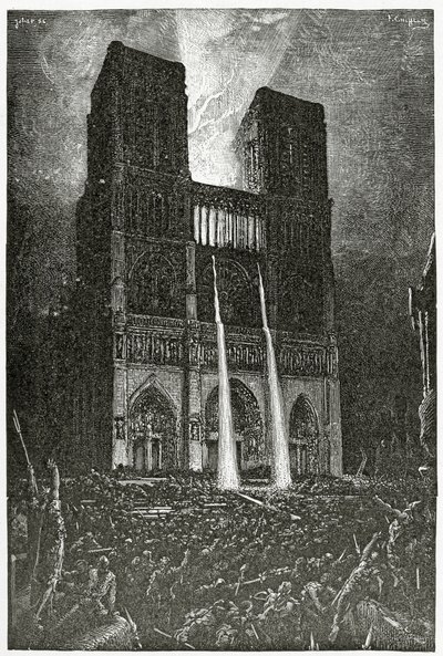 Quasimodo pours boiling oil onto the army of villains trying to rescue Esmeralda - illustration from Notre Dame de Paris, 19th Century by Francois Nicolas Chifflart